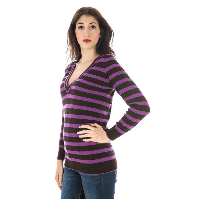 Purple and brown striped V-neck cashmere women sweater