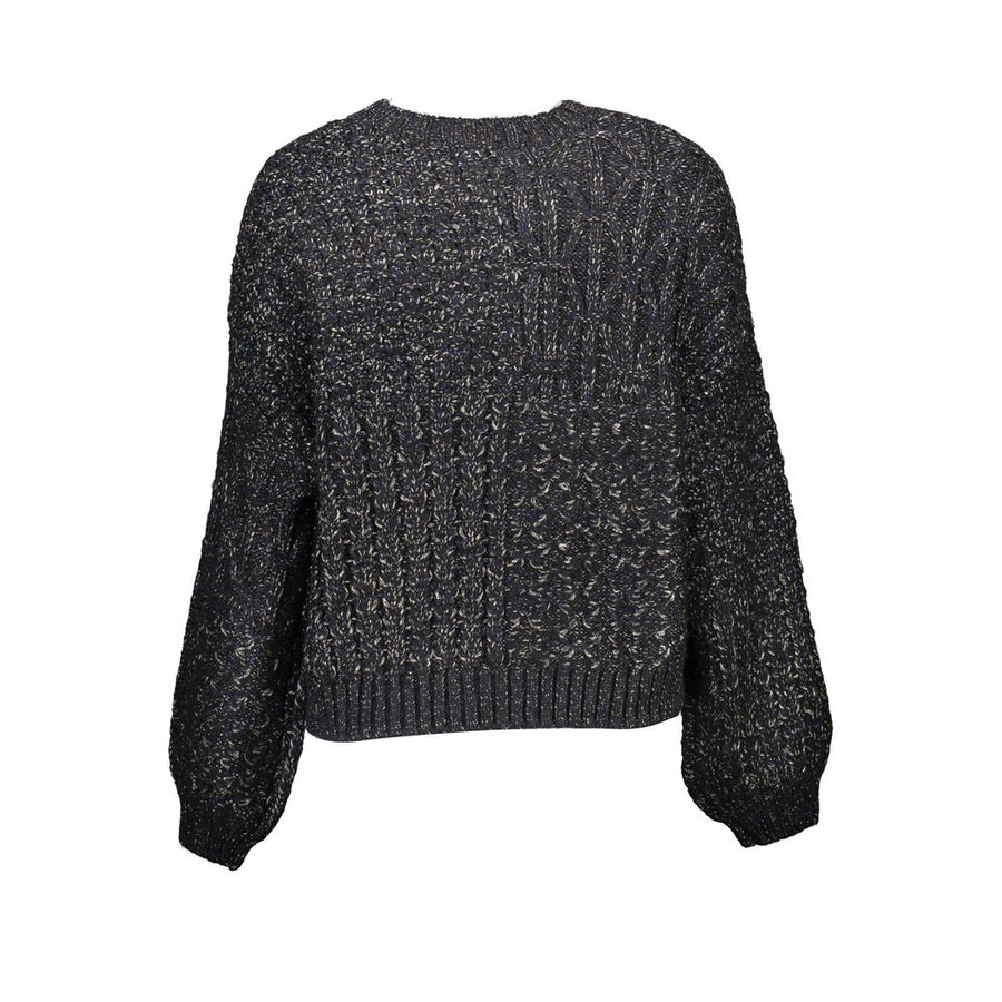 Black acrylic women sweater with textured cable knit and long balloon sleeves