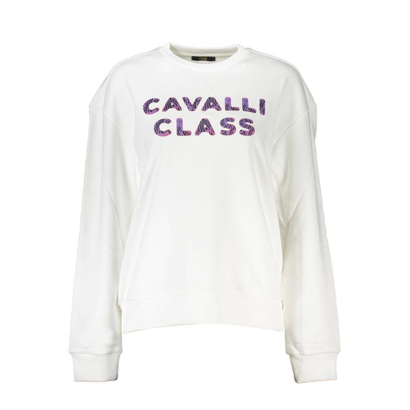 White cotton crewneck women's sweatshirt with purple zebra-print Cavalli Class logo