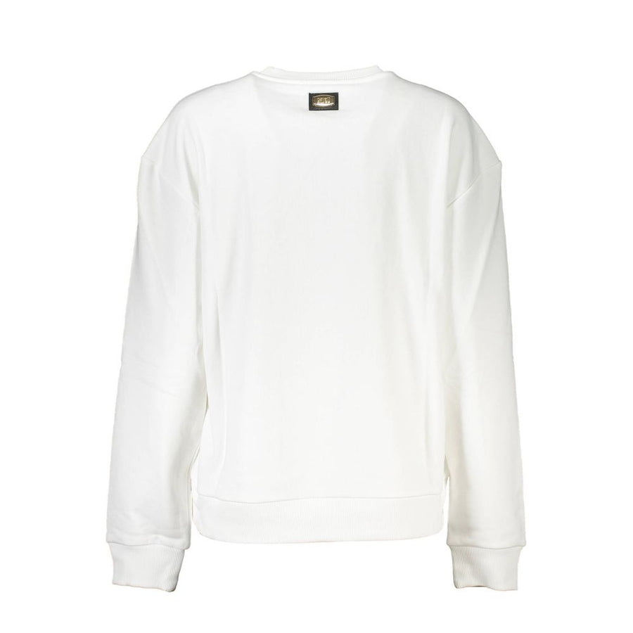 White cotton crewneck women's sweatshirt with purple zebra-print Cavalli Class logo