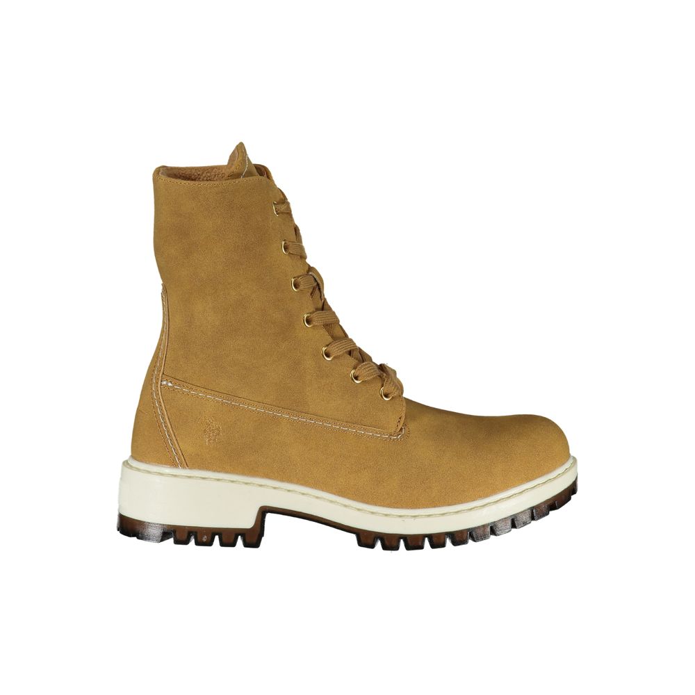 U.S. POLO ASSN. tan brown polyurethane lace-up women's ankle boot with a white lug sole.