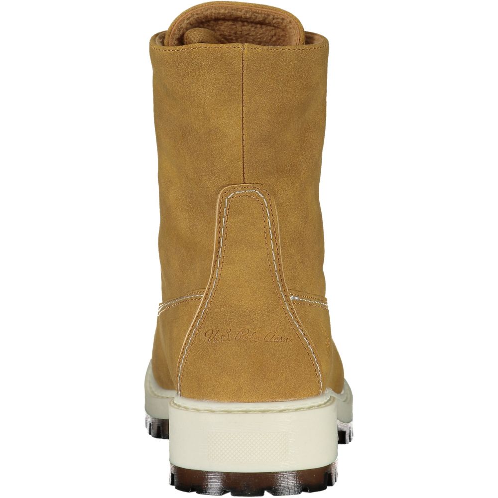 U.S. POLO ASSN. women's brown polyurethane lace-up boot with a thick white lug sole and embroidered logo on the heel.
