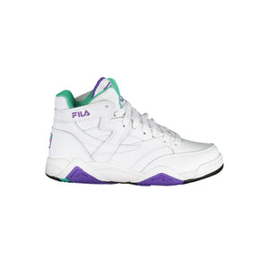 White polyurethane Fila high-top sneaker with purple and teal accents, featuring a perforated upper and chunky sole.