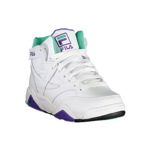 White polyurethane Fila women’s high-top sneaker with purple and green accents and white laces.