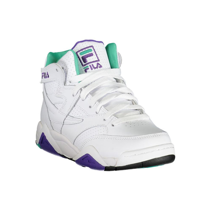 White polyurethane Fila women’s high-top sneaker with purple and green accents and white laces.