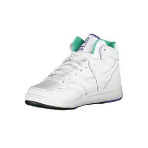 White polyurethane Fila high-top sneaker with teal and purple accents, lace-up closure, and perforated detailing.