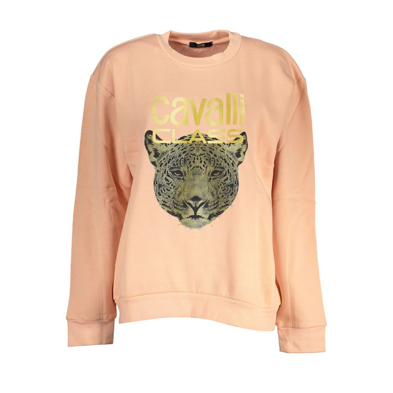 Peach polyester women sweatshirt with a leopard graphic and gold logo text