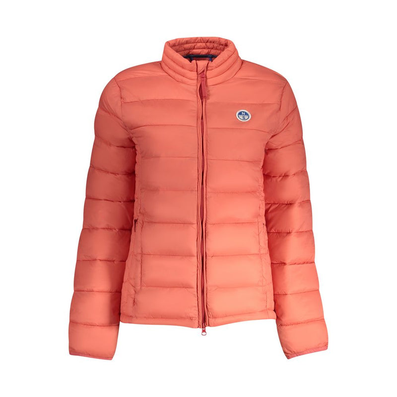 Coral pink polyamide puffer jacket with a high collar and front zipper