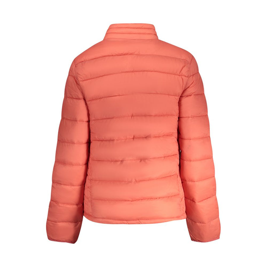 Coral pink polyamide puffer jacket with a high collar and front zipper