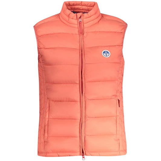 Coral pink quilted puffer vest for women with a high collar and full zip front closure