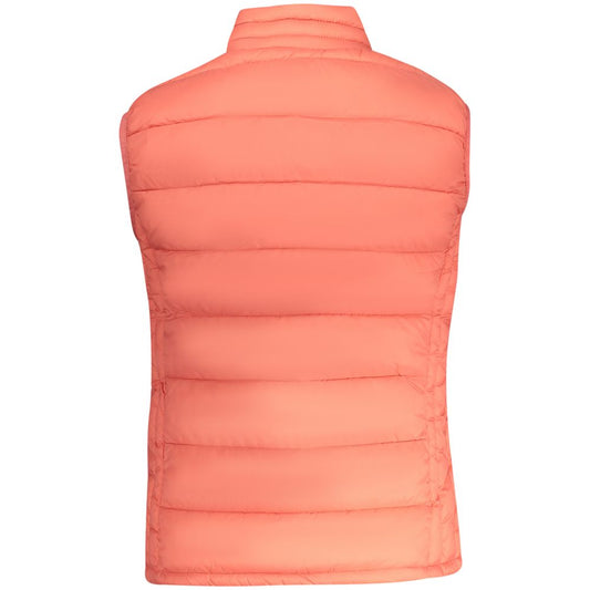 Coral pink quilted puffer vest with stand collar seen from the back