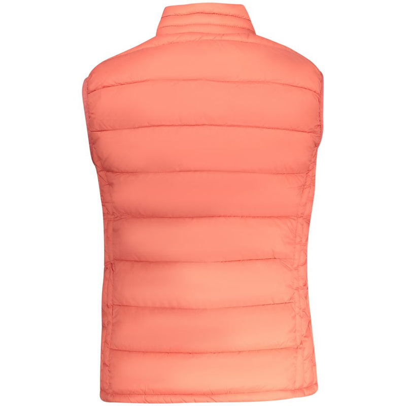 Coral pink quilted puffer vest with stand collar seen from the back