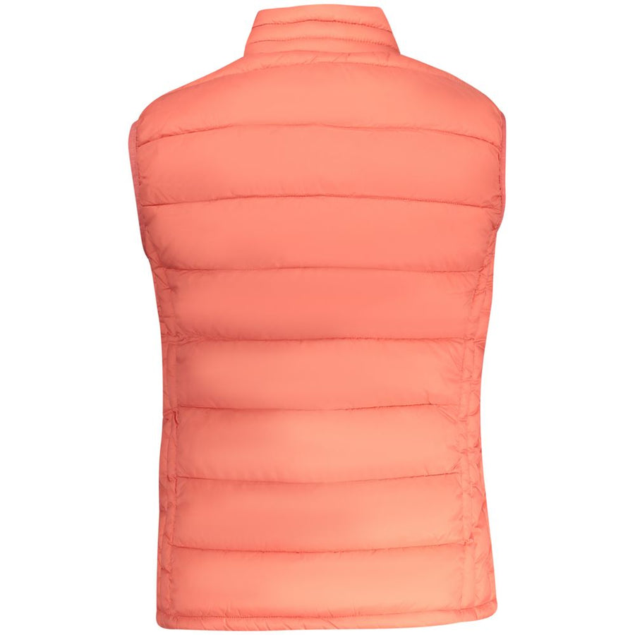 Coral pink quilted puffer vest for women with a high collar and full zip front closure
