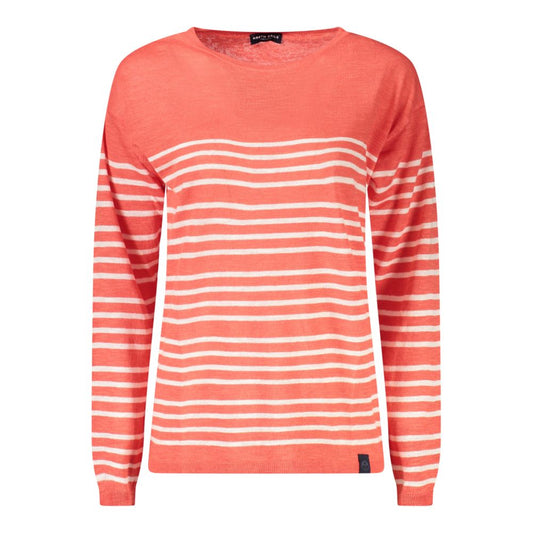 Coral red and white striped linen women's crewneck sweater