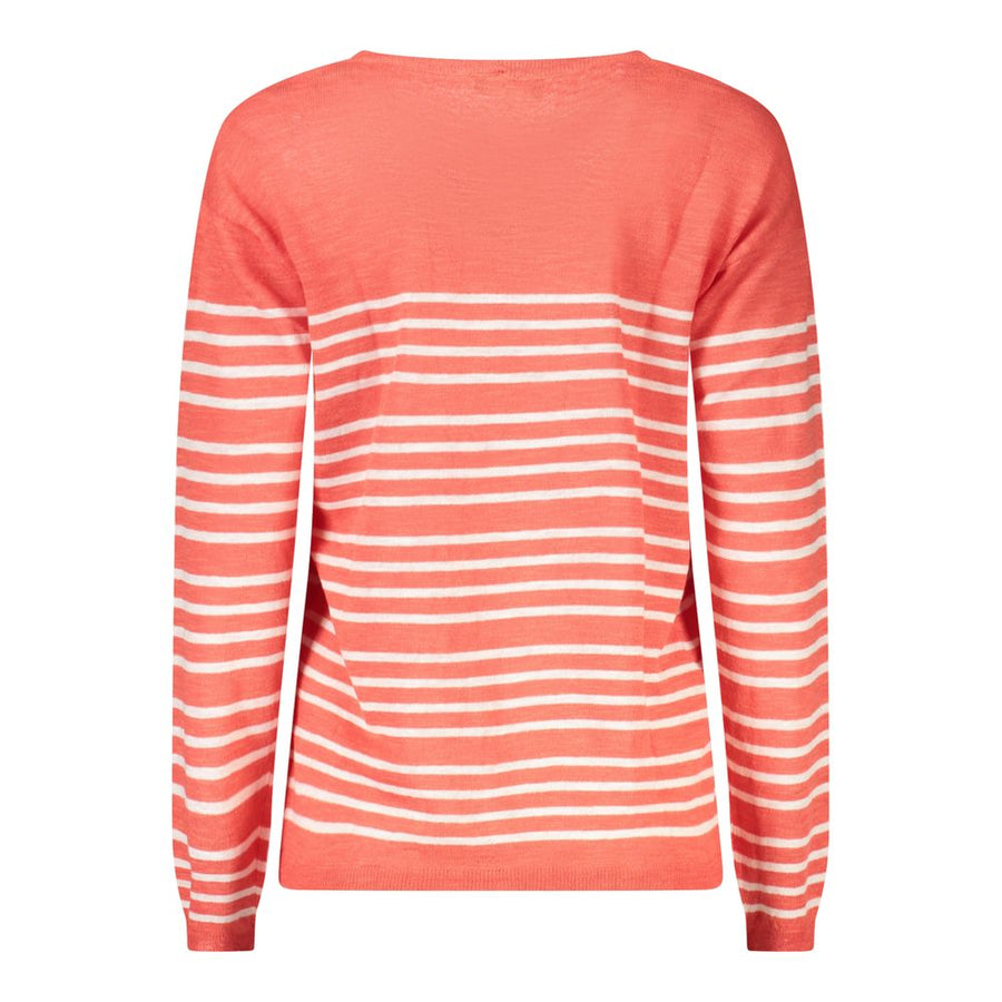 Coral red and white striped linen women's crewneck sweater