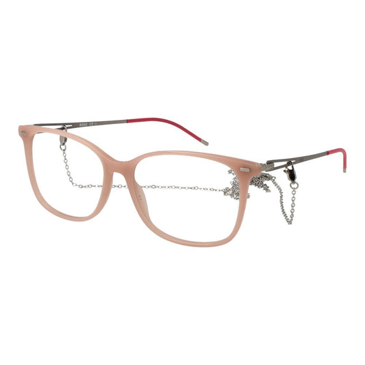 Beige acetate eyeglass frames with silver chain detail