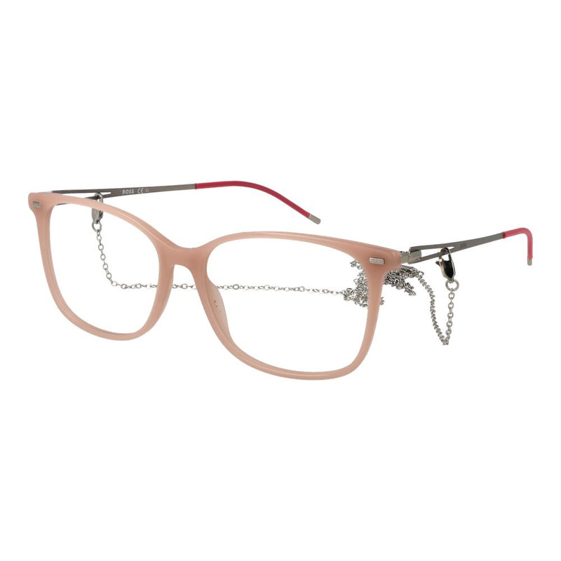 Beige acetate eyeglass frames with silver chain detail