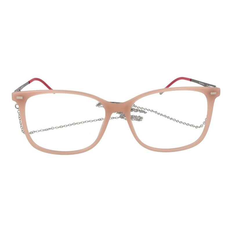 Beige acetate Hugo Boss eyeglass frames with attached silver chain