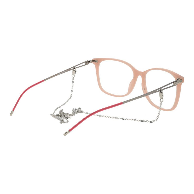 Hugo Boss beige acetate eyeglasses frames with pink and silver temples and a chain attached
