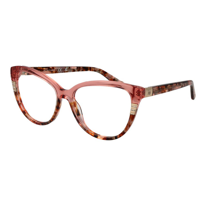 Pink acetate cat-eye eyeglass frames with tortoiseshell pattern and rhinestone accents