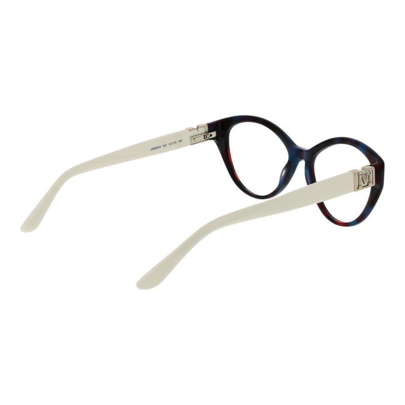 Blue and white acetate cat-eye eyeglass frames with rhinestone logo details
