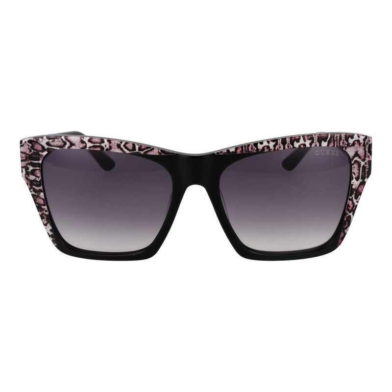 Black acetate sunglasses with gradient lenses and pink animal print brow bar