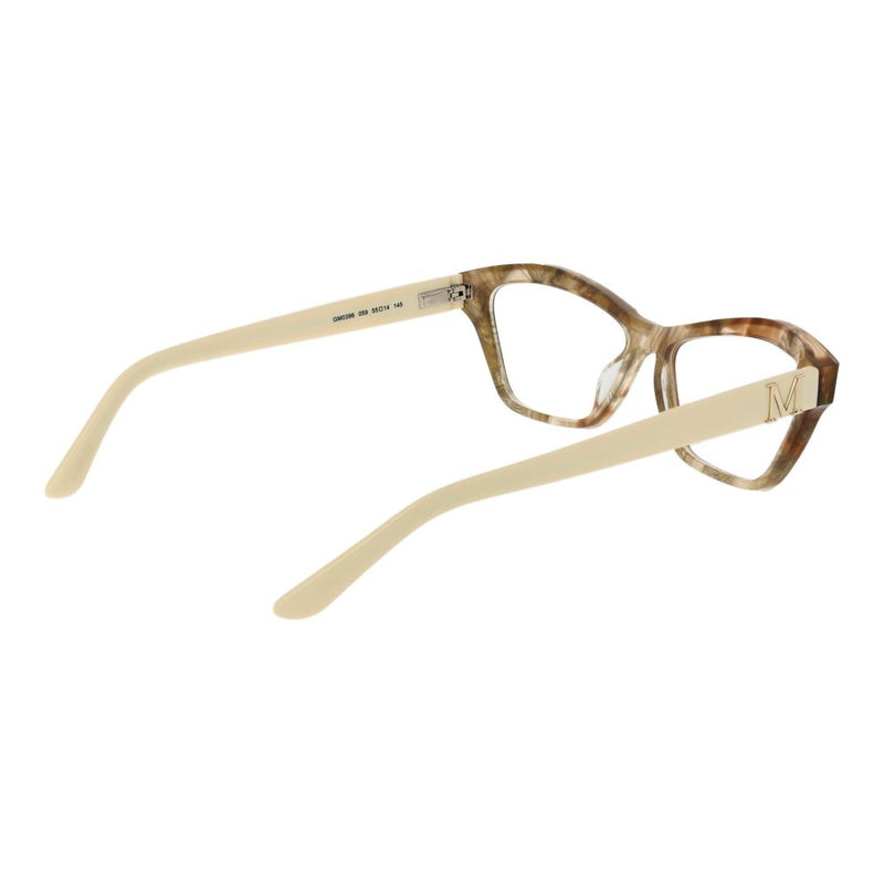 Marciano by Guess beige acetate cat-eye glasses frames with tortoiseshell rims and gold M logo on temples
