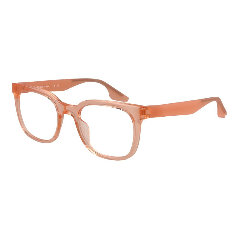 Translucent peach acetate square eyeglass frames with thick rims and temples