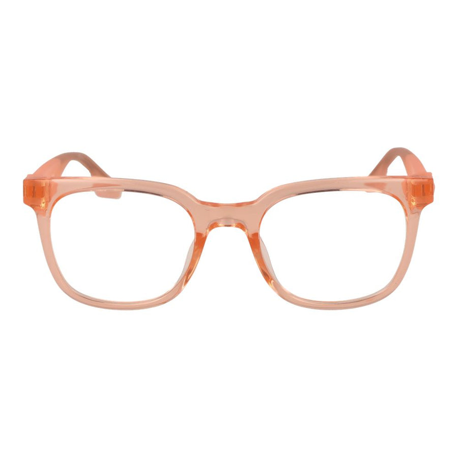 Translucent peach acetate square eyeglass frames with thick rims and temples