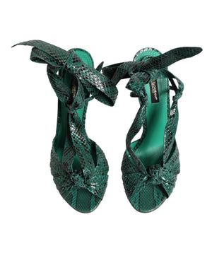 Dolce & Gabbana green python-embossed leather lace-up high heel sandals with open toes and knotted front detail.
