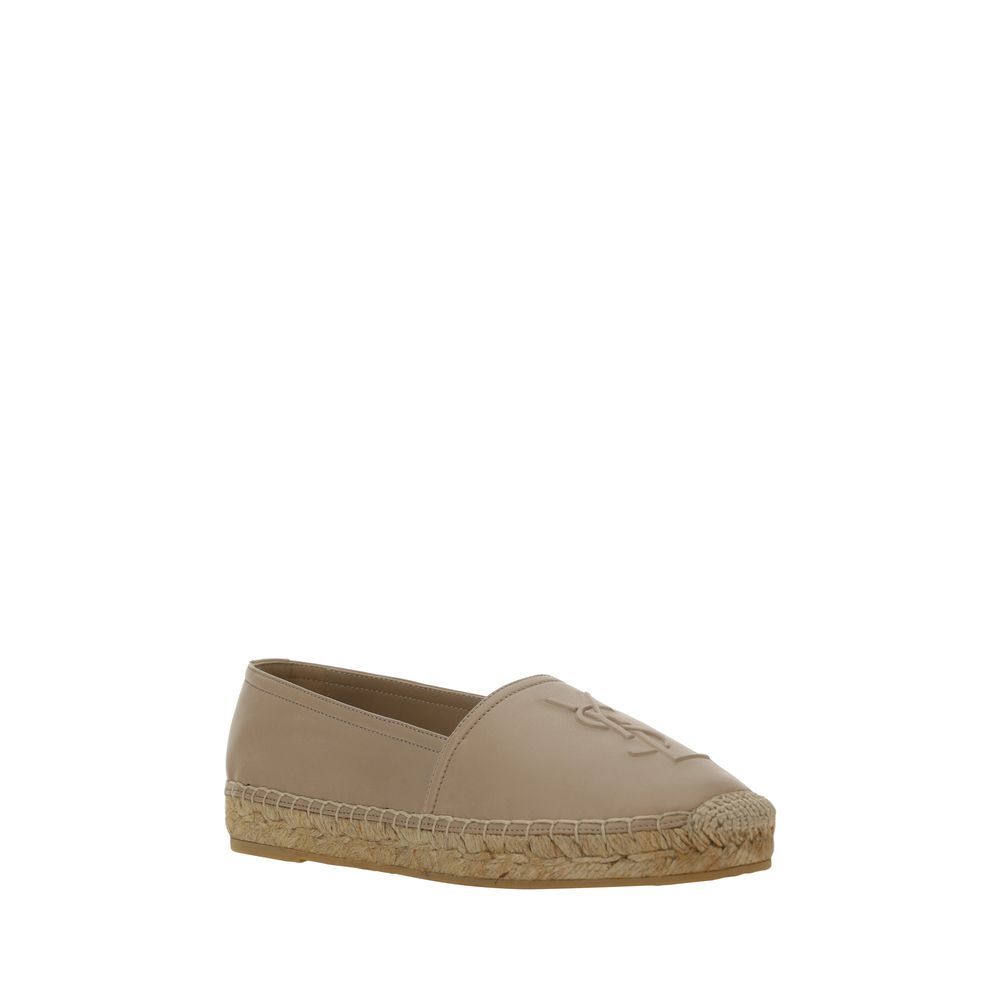 Saint Laurent beige lambskin leather espadrilles with embossed YSL logo and a braided jute sole.