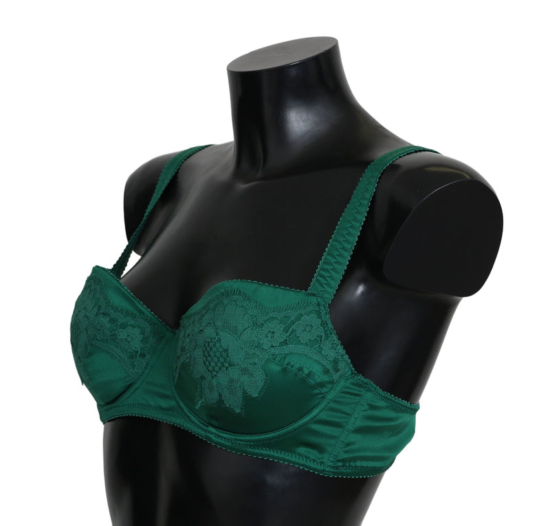 Green silk stretch floral lace bra on a black mannequin