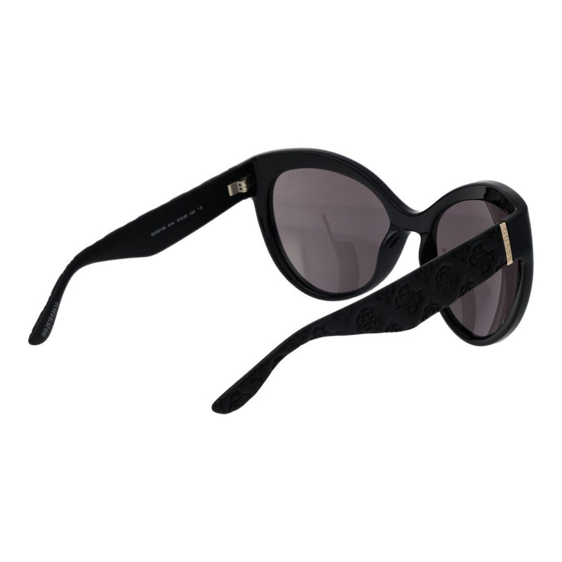 Black plastic cat-eye sunglasses with tinted lenses and patterned temples