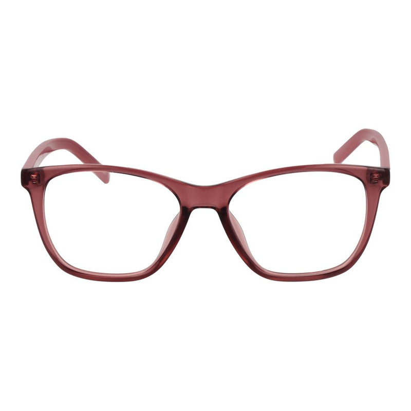 Translucent maroon plastic eyeglass frames with a rectangular style