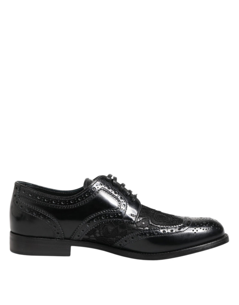 Black leather Dolce & Gabbana lace-up formal shoe with floral lace paneling, brogue detailing, and a low heel.