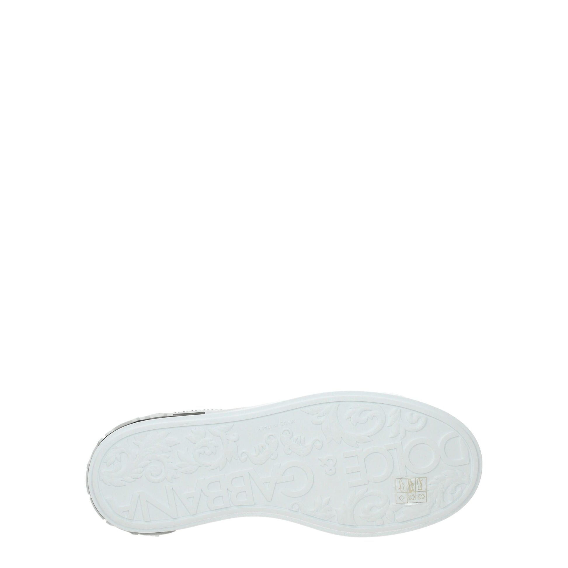 White leather Dolce & Gabbana low-top sneaker, showcasing a flat, white rubber sole with embossed logo and floral motif.