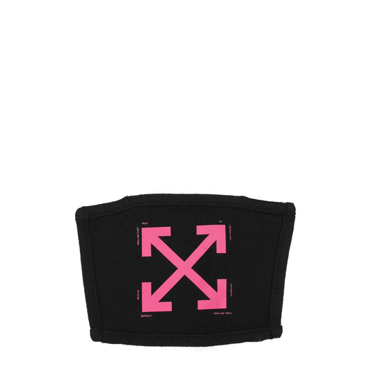 Black cotton facemask with a pink graphic arrow logo on the front