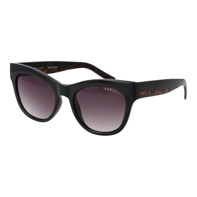 Black polycarbonate cat eye sunglasses with gradient lenses and tortoiseshell temples