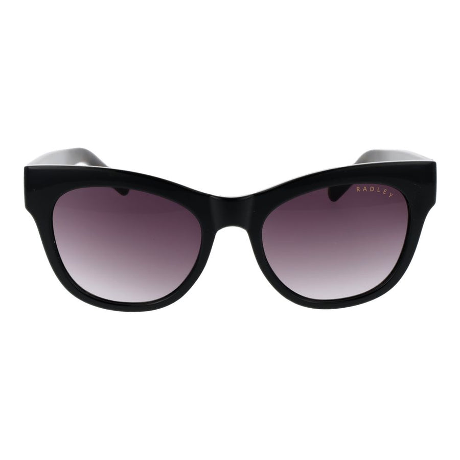 Black polycarbonate cat eye sunglasses with gradient lenses and tortoiseshell temples