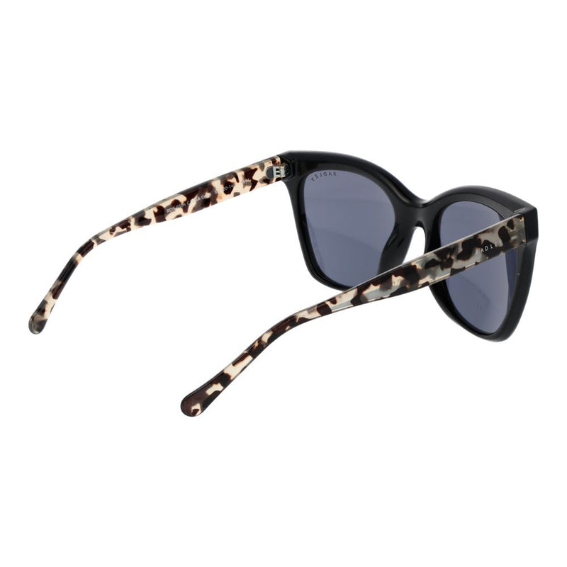 Black plastic framed sunglasses with tortoiseshell temples and grey tinted lenses