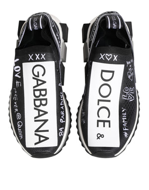 Black and white stretch knit Sorrento low-top sneakers with graffiti-style text and branded panel.