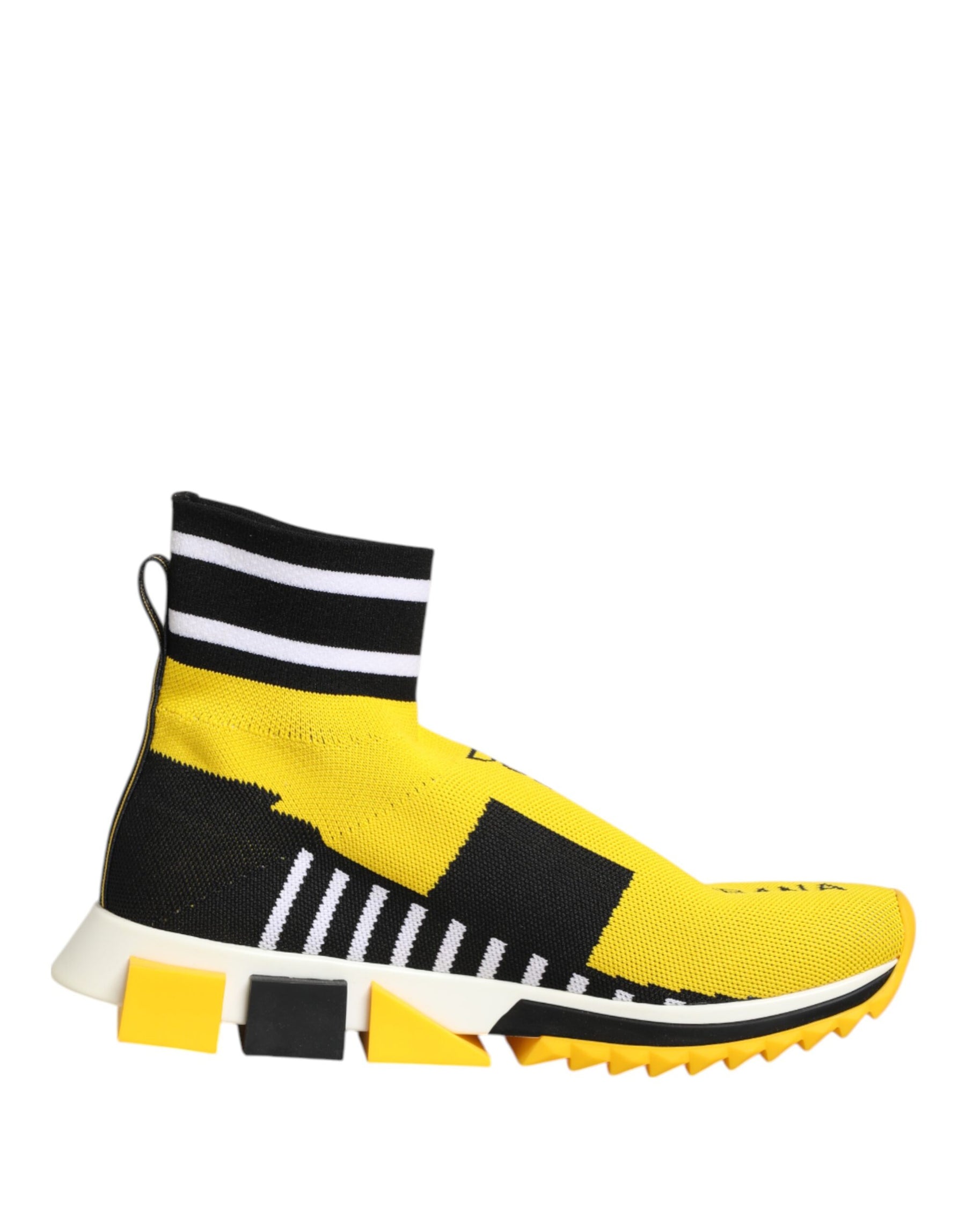 Dolce & Gabbana Sorrento slip-on sock sneakers in yellow and black knit with white striped trim and chunky rubber sole.