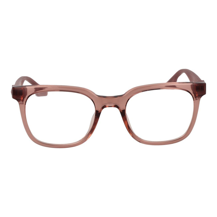 Translucent brown plastic eyeglass frames with thick square rims