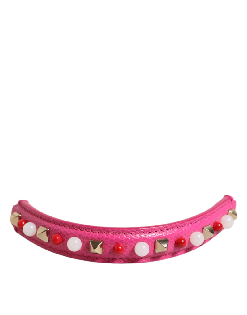 Pink embellished leather bag handle with gold studs and beads