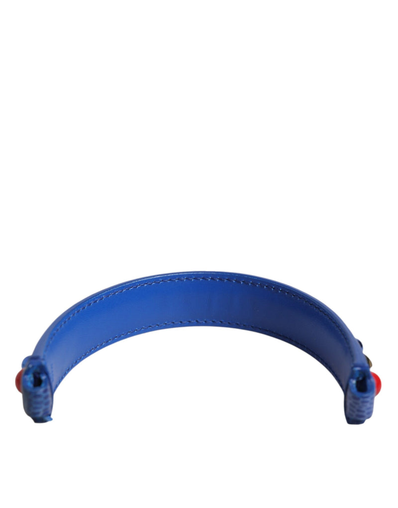 Blue leather curved bag handle with red beaded ends