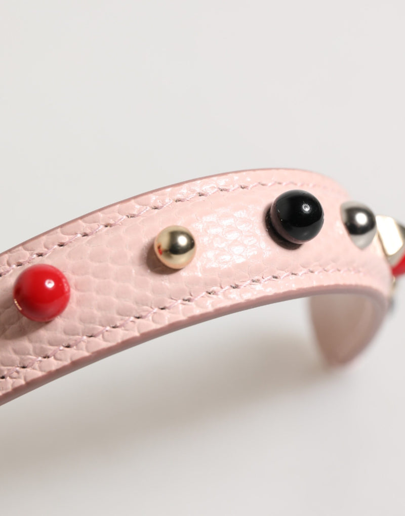 Light pink textured leather bag handle strap with colorful bead studs