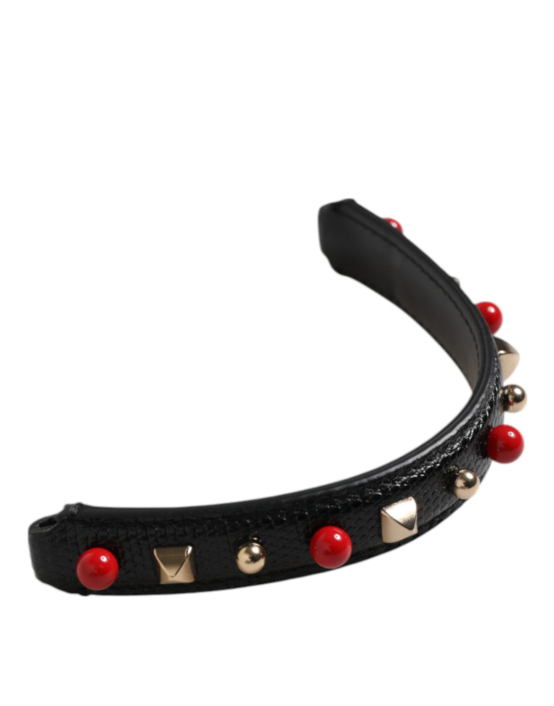 Black leather bag handle with red beads and gold studs