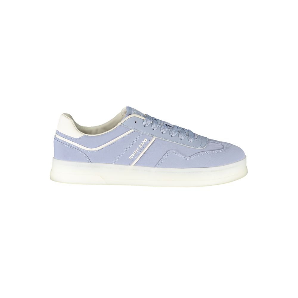 Tommy Hilfiger light blue polyurethane sneaker with white trim, flat laces, and a thick white rubber sole.