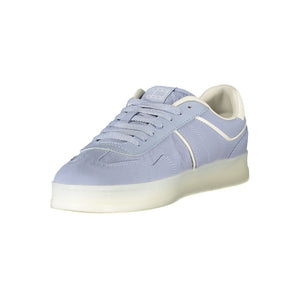 Light blue polyurethane Tommy Hilfiger low-top women's sneaker with white trim and a semi-translucent sole.
