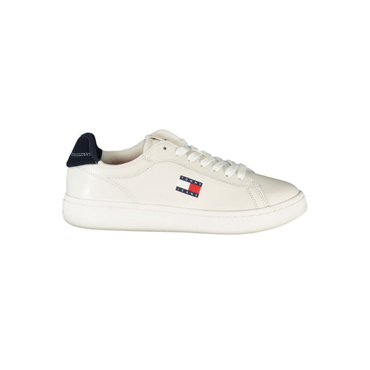 White Tommy Hilfiger polyurethane sneaker for women with a navy heel tab and logo on the side.